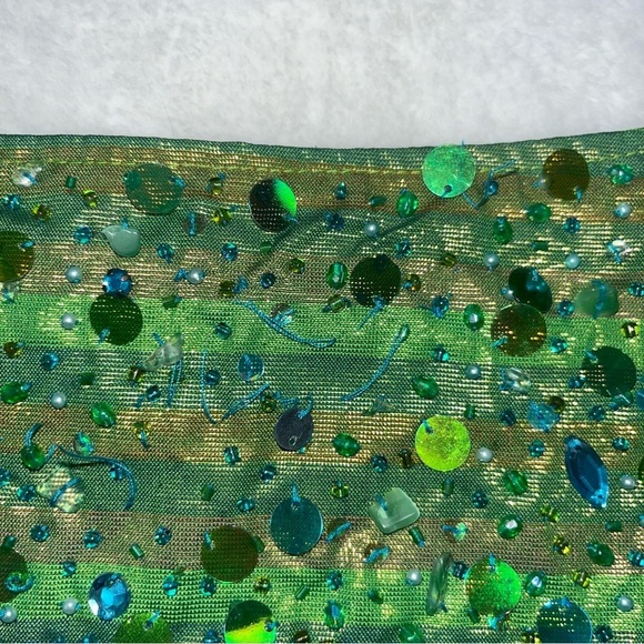 Basil & Maude Iridescent Green Blue Sequin Mermaid Beaded Skirt Sz 2 A Line - Picture 14 of 16